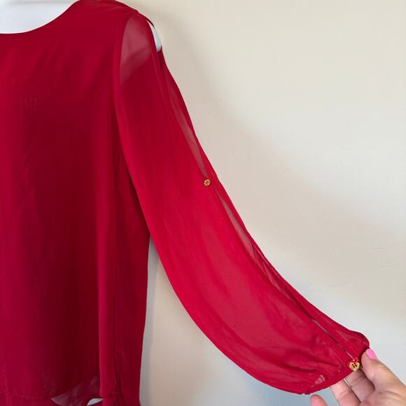 Zac & Rachel Red Top Sz XL Sheer Split Long Sleeve Hi-Low Boho Chic Romantic - Picture 5 of 10